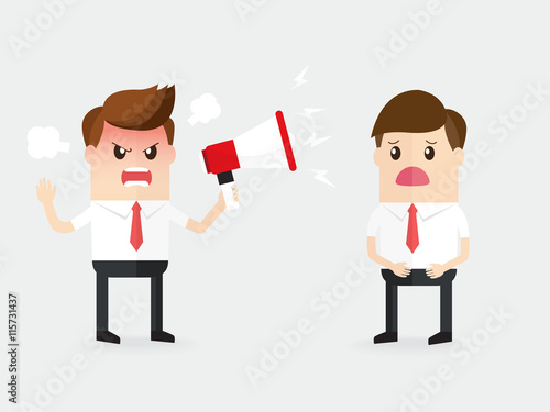 angry boss or manager upset shouting with a megaphone to employees, moody customer being complaining to businessman
