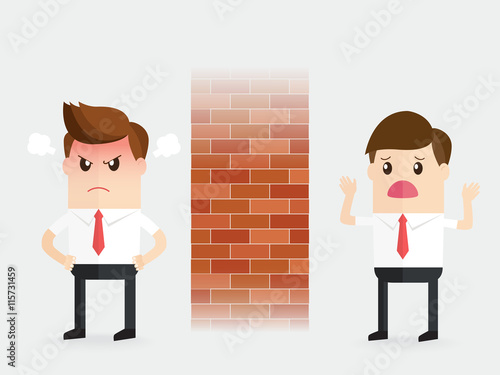 businessman trying talk to angry coworker. partner turns into a stone wall, refusing to interact, engage, communicate or participate