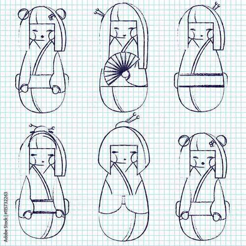 Vector sketched set of kokeshi dolls in different traditional japanese clothes. Collection of beautiful and cute women or girls toys. Hand drawn style sketch