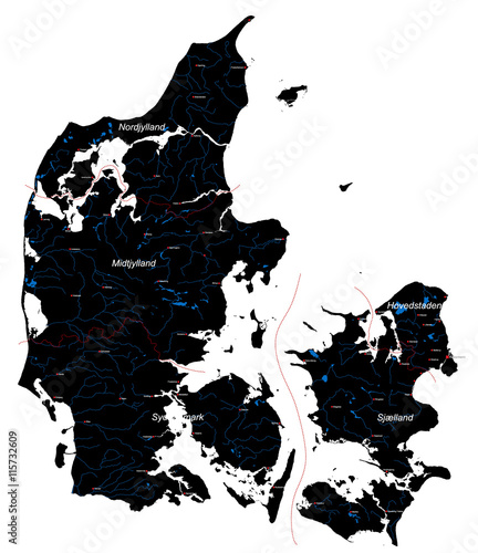 Large and detailed map of Denmark with rivers, lakes, islands and cities.
