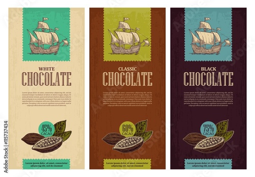 Set of label for chocolate with fruits of cocoa beans and sailing ship floating on the sea waves