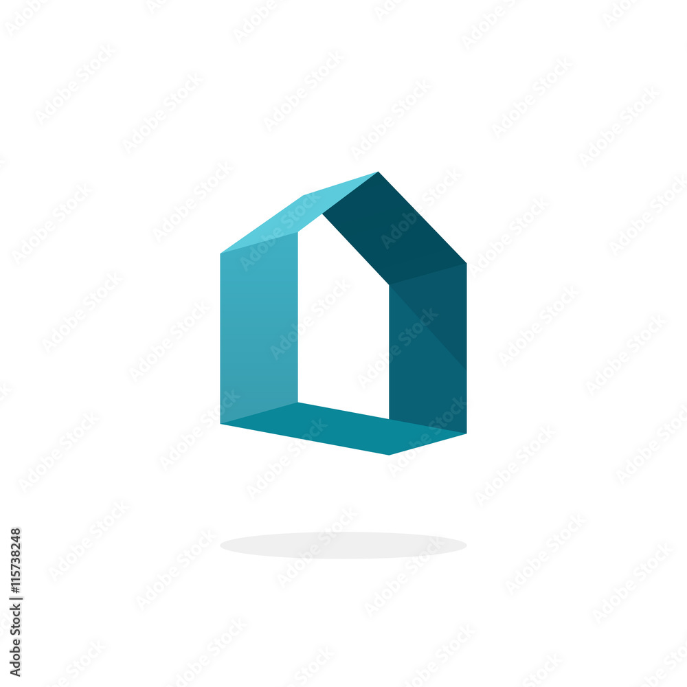 Blue 3d abstract geometric home logo, house technology sign, real estate vector logo template, rent home concept