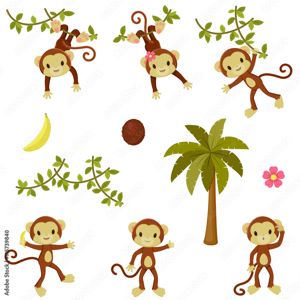 Obraz premium Happy funny monkeys set. Isolated over white