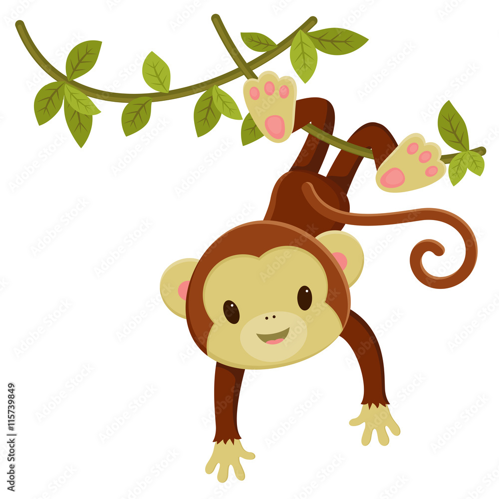 Naklejka premium Cute cartoon monkey hanging on a liana. Vector clip art illustra