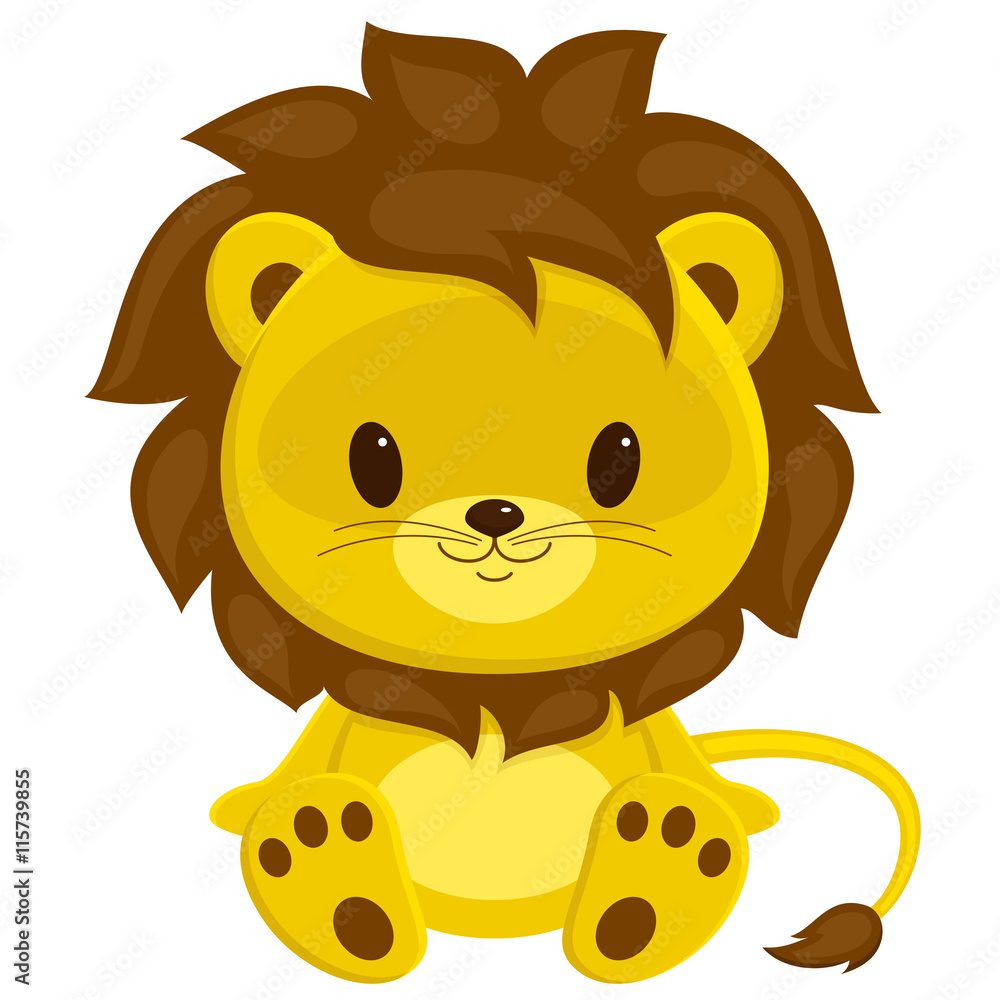 Obraz premium Cartoon vector illustration of sitting lion cub. Isolated over w