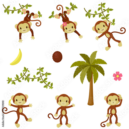 Happy funny monkeys set. Isolated over white