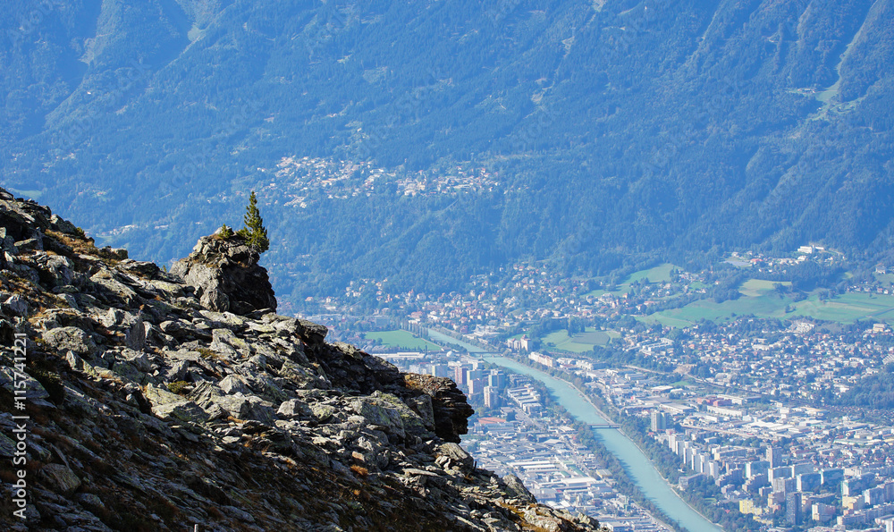 Felsen mit Tannenbaum hoch über Innsbruck