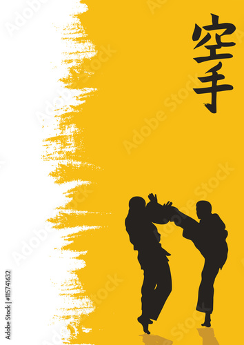Hieroglyph of karate and men demonstrating karate.