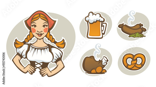 vector German girl and collection of traditional German food for