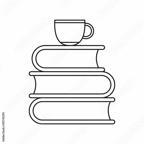 Stack of books and white cup icon in outline style isolated vector illustration