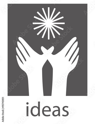 A pair of hands reaching towards a radiant sun symbol above the word ideas as a concept for nurturing creativity and the imagination