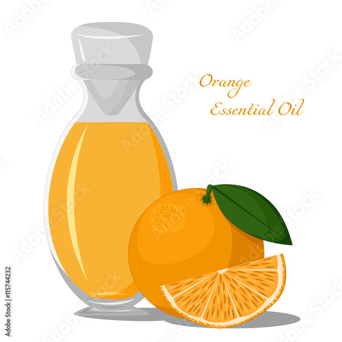 Bottle of orange essential oil with fruits on a background