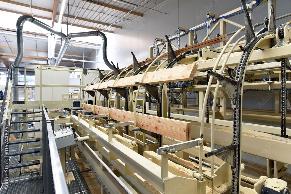 Fliessband mit Holzbrettern zur Weiterverarbeitung in einem Sägewerk // conveyor with wooden boards for further processing in a sawmill