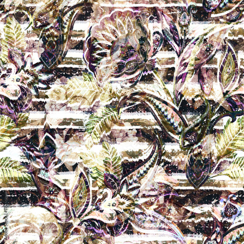 Seamless paisley ornamental pattern on striped background. Stylish motif for ...