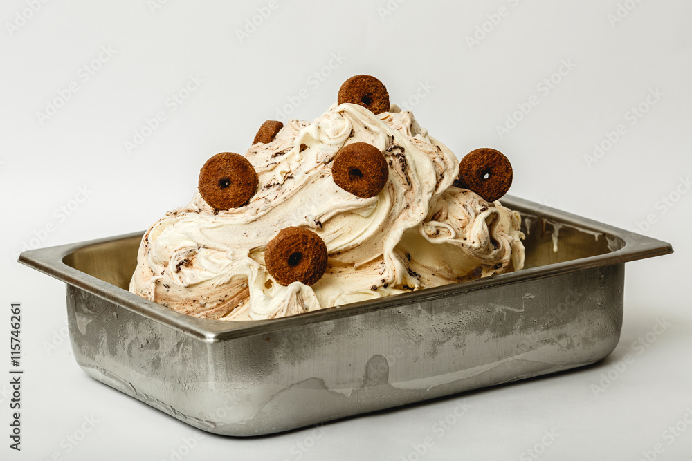 Cookies ice cream in the metal tray on white background Cookies ice cream in the metal tray on white background