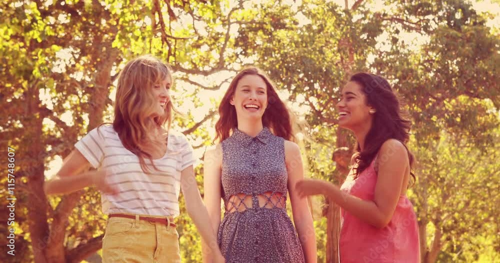 Happy female friends talking and laughing together in the park Happy female friends talking and laughing together in the park
