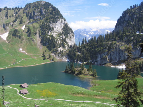 View down onto mountain lake below the Stockhorn mountain, Switzerland