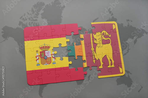 puzzle with the national flag of spain and sri lanka on a world map background.