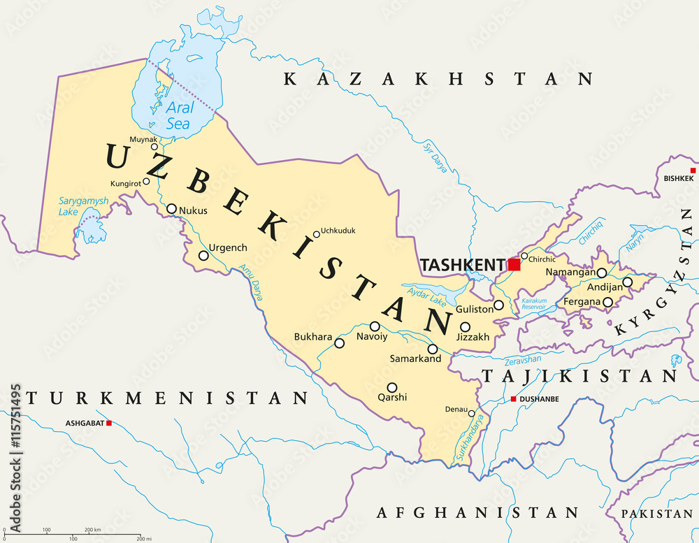 Uzbekistan political map with capital Tashkent, national borders, important cities, rivers and lakes. Doubly landlocked country and republic in Central Asia. English labeling. Illustration.