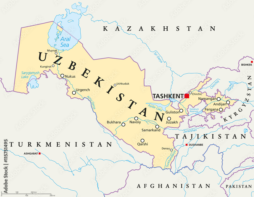 Poster Uzbekistan Political Map With Capital Tashkent National Borders Poster Uzbekistan Political Map With Capital Tashkent National Borders