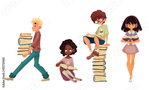 Set of children reading books, cartoon style vector illustration isolated on white background. Boy and girls sitting or walking and reading books, boy with a stack of books