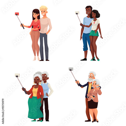 Set of caucasian and dark skinned young and elder couples taking selfie, cartoon style vector illustration. Young and old couples of men and women taking pictures of themselves
