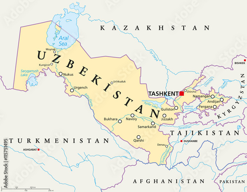 Uzbekistan political map with capital Tashkent  national borders  important cities  rivers and lakes. Doubly landlocked country and republic in Central Asia. English labeling. Illustration.
