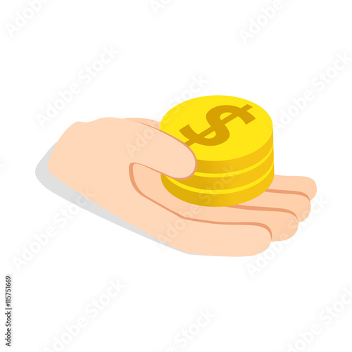 Hand holding coins icon in isometric 3d style isolated on white background. Money symbol