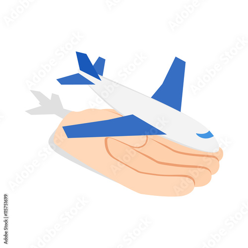Hand holding plane icon in isometric 3d style isolated on white background. Air symbol