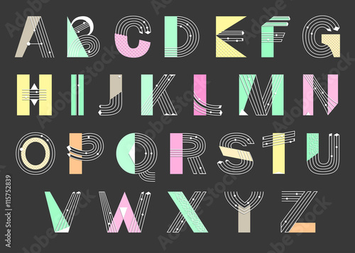 Creative geometric Alphabet. Postmodernist design typeface in Memphis style. Vector