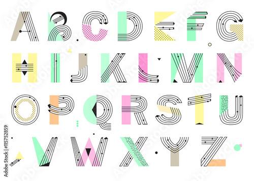 Creative geometric Alphabet. Postmodernist design typeface in Memphis style. Vector