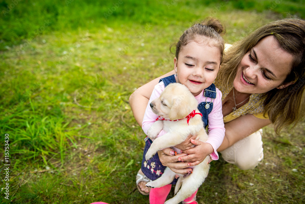 purebred puppy labrador retriever and smiling little girl purebred puppy labrador retriever and smiling little girl