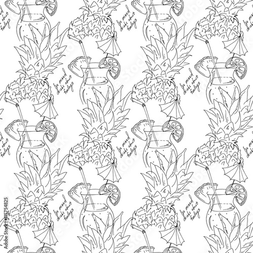 Hand drawing. Illustration of tropical cocktail with umbrella. Seamless pattern. Postcard black and white.