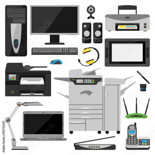 Group computer office equipment laptop, monitor, tablet pc, smart phone printer keyboard. Computer office equipment digital photo camera, computer mouse and computer office equipment hard disk drive.