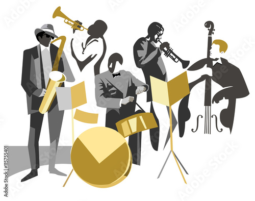 Jazz musicians: saxophonist, trumpeters,drummer, bass player