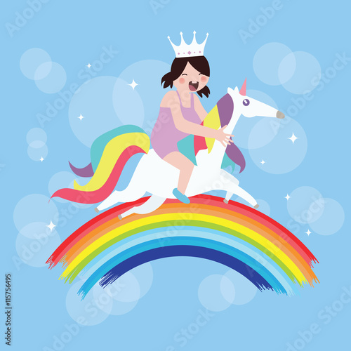 kids girls riding horse unicorn fly around rainbow imagination