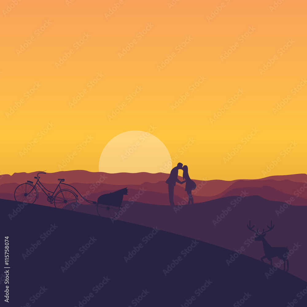 silhouette of couple kissing in sunset dramatic color