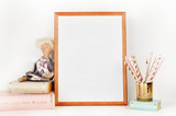 wooden picture frame with decorations. Mock up for your photo or text. Place your work, print art,shabby style, white background
