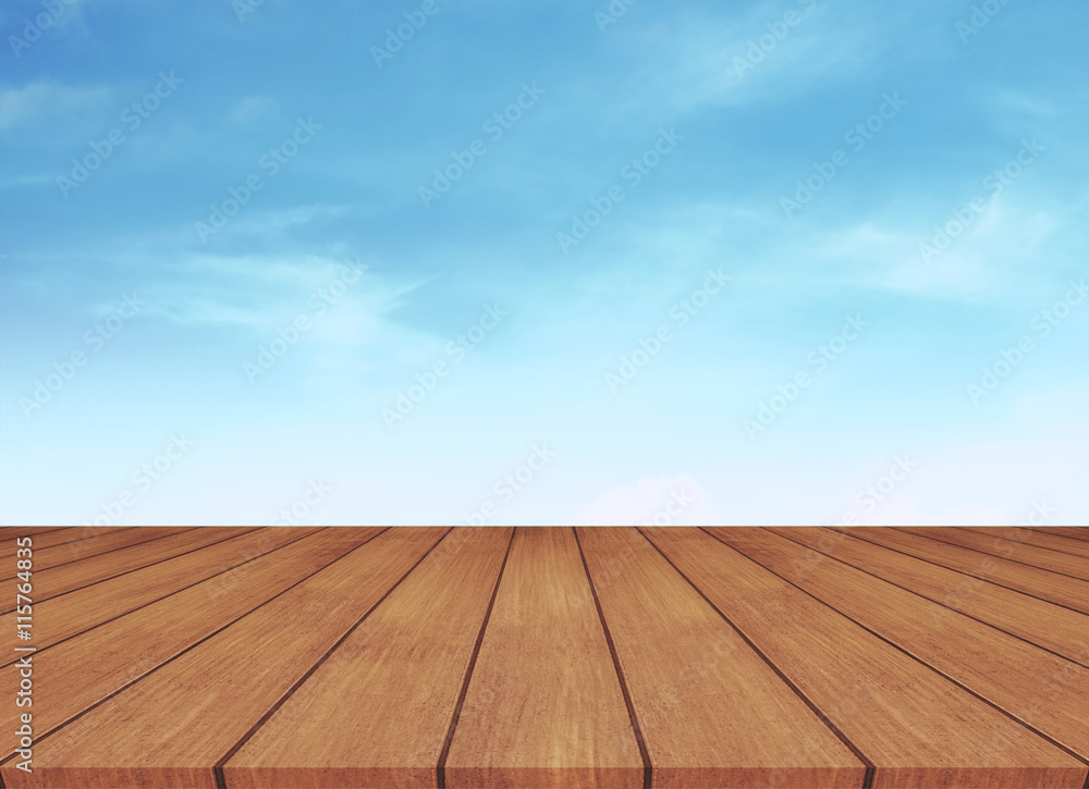 Wooden floor with blue sky