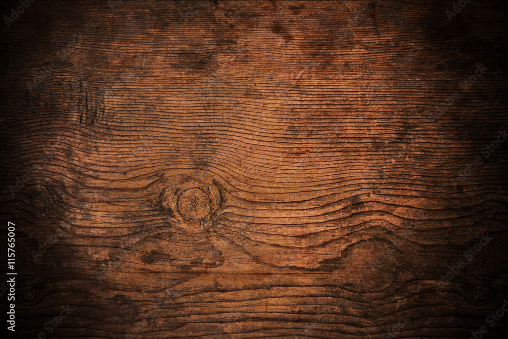 Old dark wood texture with grain, with vignette border Stock Photo