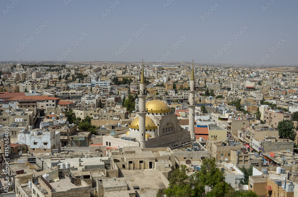 Panoramic view over the town center of Madaba in Jordan with the Central Mosque
