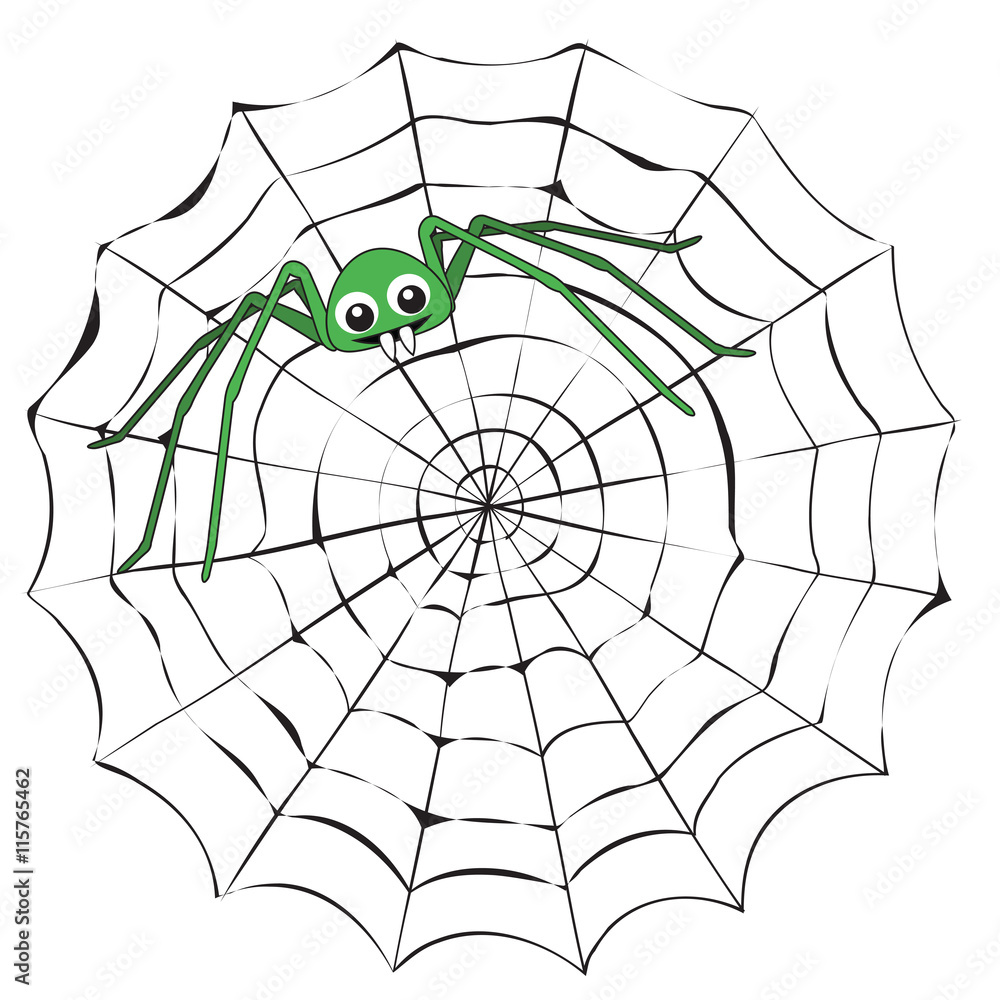 Obraz premium Simple cartoon spider web and green spider on a white background.