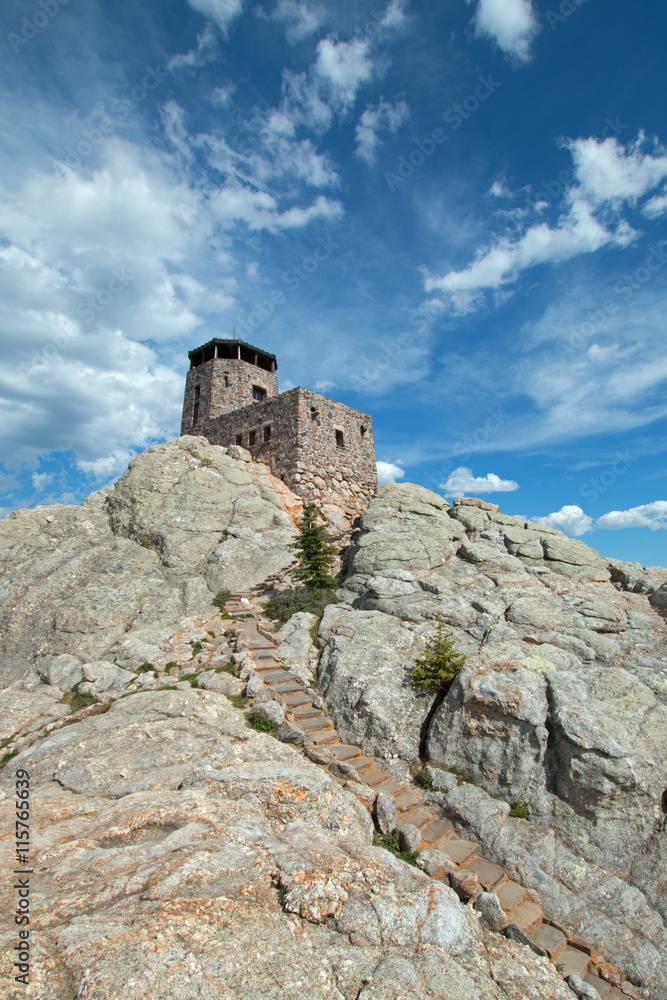 Harney Peak Fire Lookout Tower with stone step trail in Custer State Park in the Black Hills of South Dakota USA