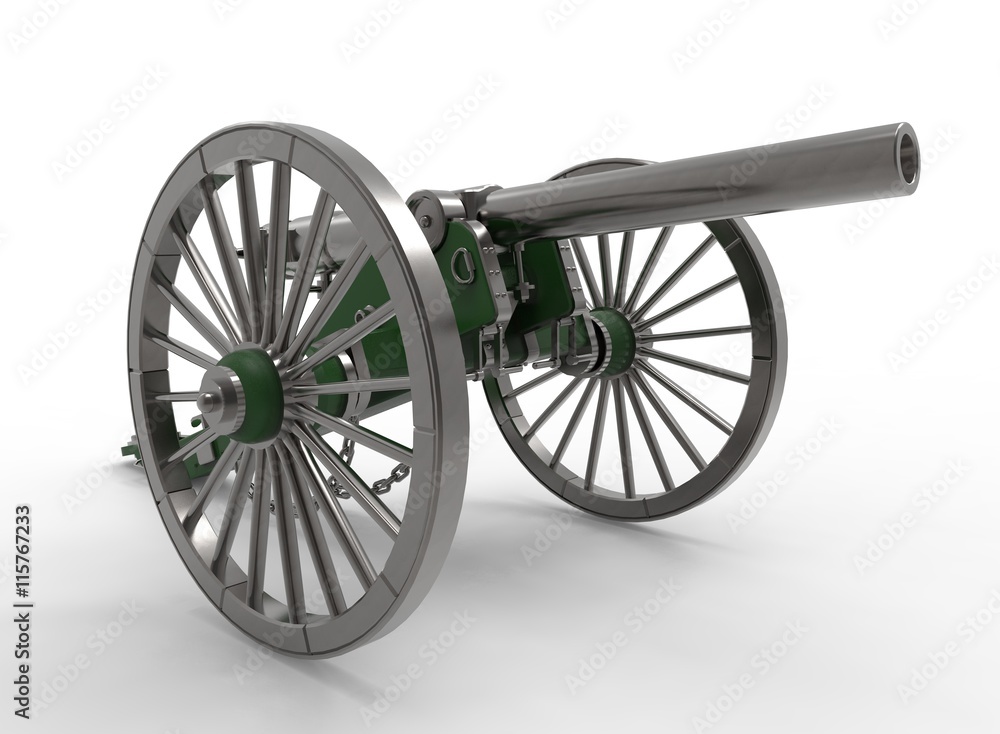 3d illustration of civil war cannon. white background isolated. murder weapon. explosive shot. field artillery