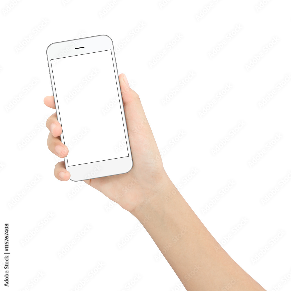 hand holding black phone isolated white clipping path inside