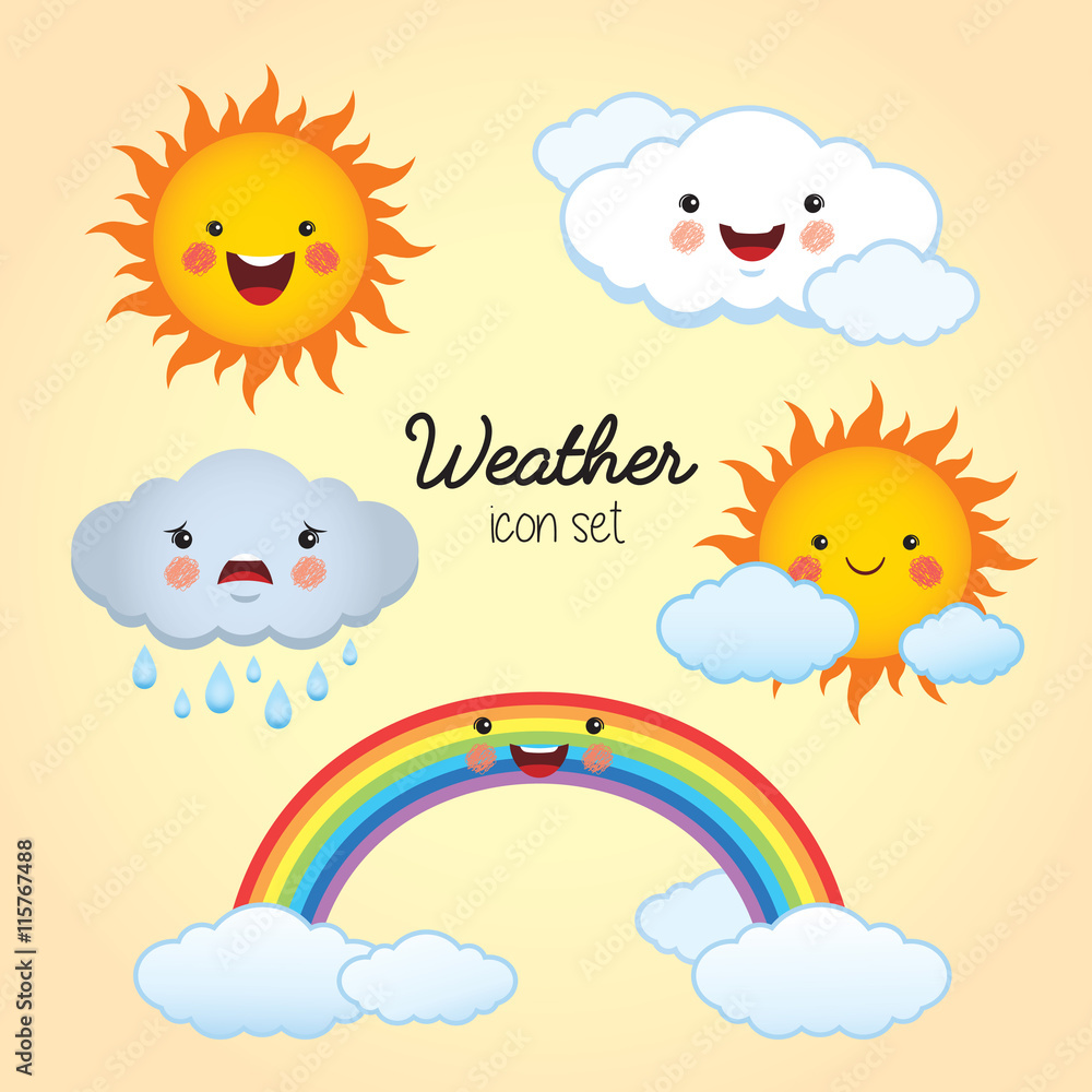 Weather icon set. Sunny, cloudy, rainy, partly cloudy and rainbow cartoon  character. Vector illustration. Stock Vector