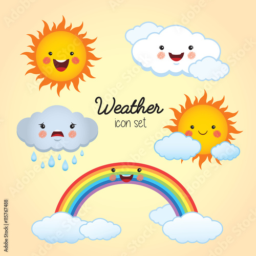 Weather icon set. Sunny, cloudy, rainy, partly cloudy and rainbow cartoon character. Vector illustration.