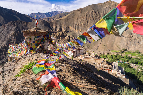 Prayer flags on the top of mountain near Lamayuru Monastery, Leh-Ladakh, India