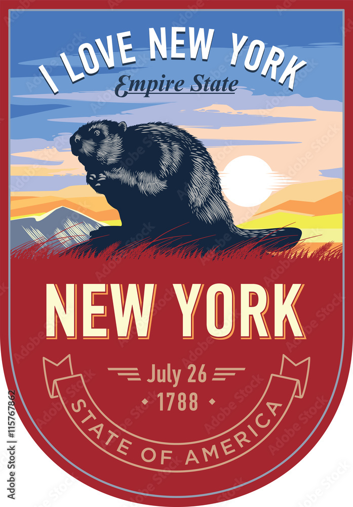 Нью-Йорк, стилизованная эмблема штата Америки, Бобр на рассвете на красном фоне - obrazy, fototapety, plakaty 