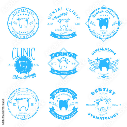Set of dental clinic logo templates. Dental labels with sample text. Dental icons for stomatology, dentist and dental care clinics. Vector logotype design. Vector